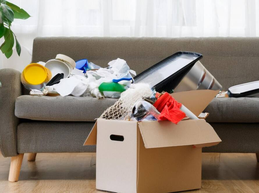 Ein überfüllter Umzugskarton mit verschiedenen Haushaltsgegenständen und Verpackungsmaterial steht vor einem grauen Sofa in einem Wohnzimmer. Das Bild verdeutlicht die Unordnung und den Aufwand, die bei einer Haushaltsauflösung oder Entrümpelung entstehen können.