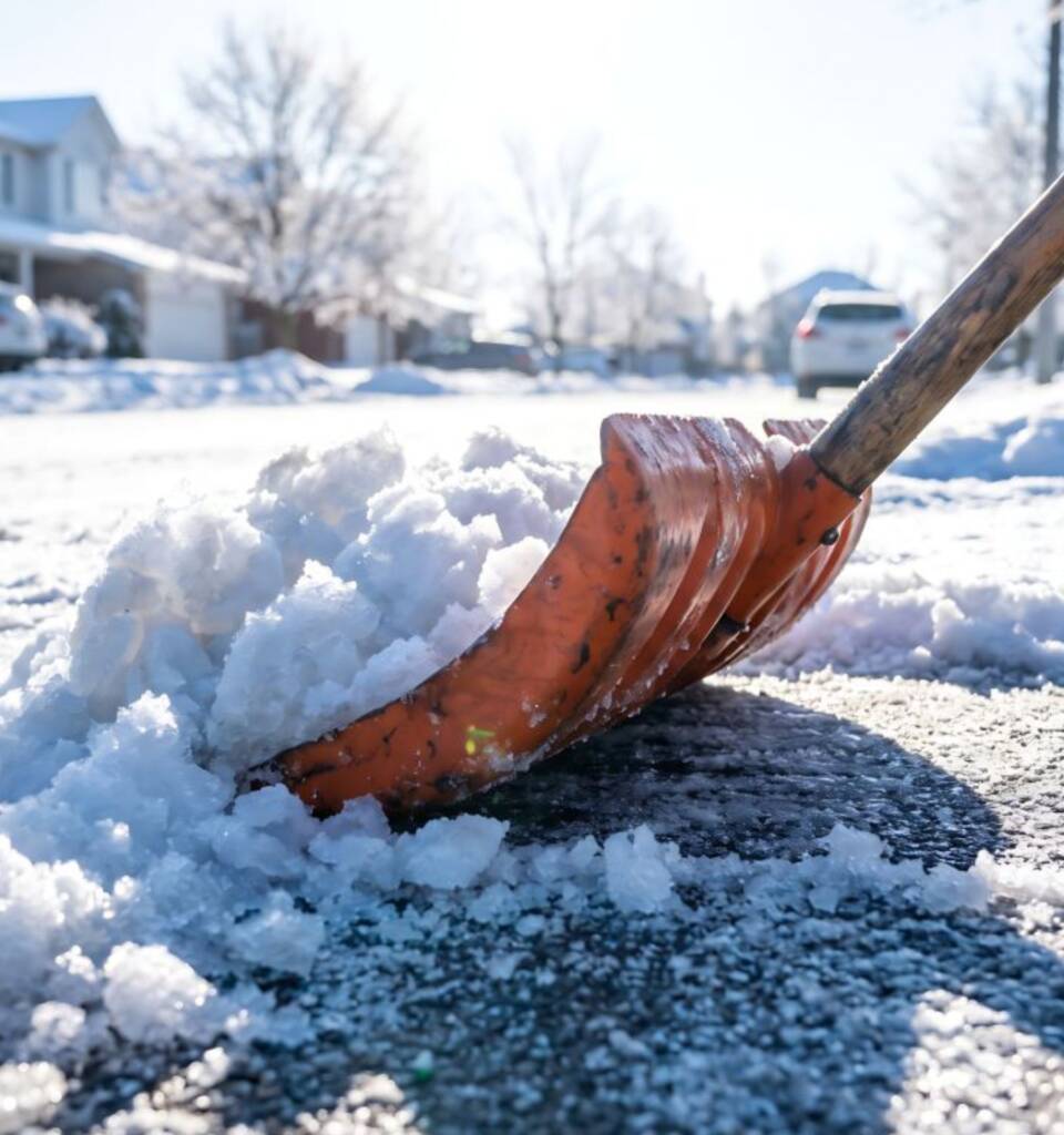 Das Bild zeigt eine orangefarbene Schneeschaufel, mit der Schnee von einer verschneiten Straße oder Einfahrt geräumt wird. Im Hintergrund sind Wohnhäuser und parkende Autos zu sehen, während die winterliche Sonne die Schneeräumung beleuchtet.