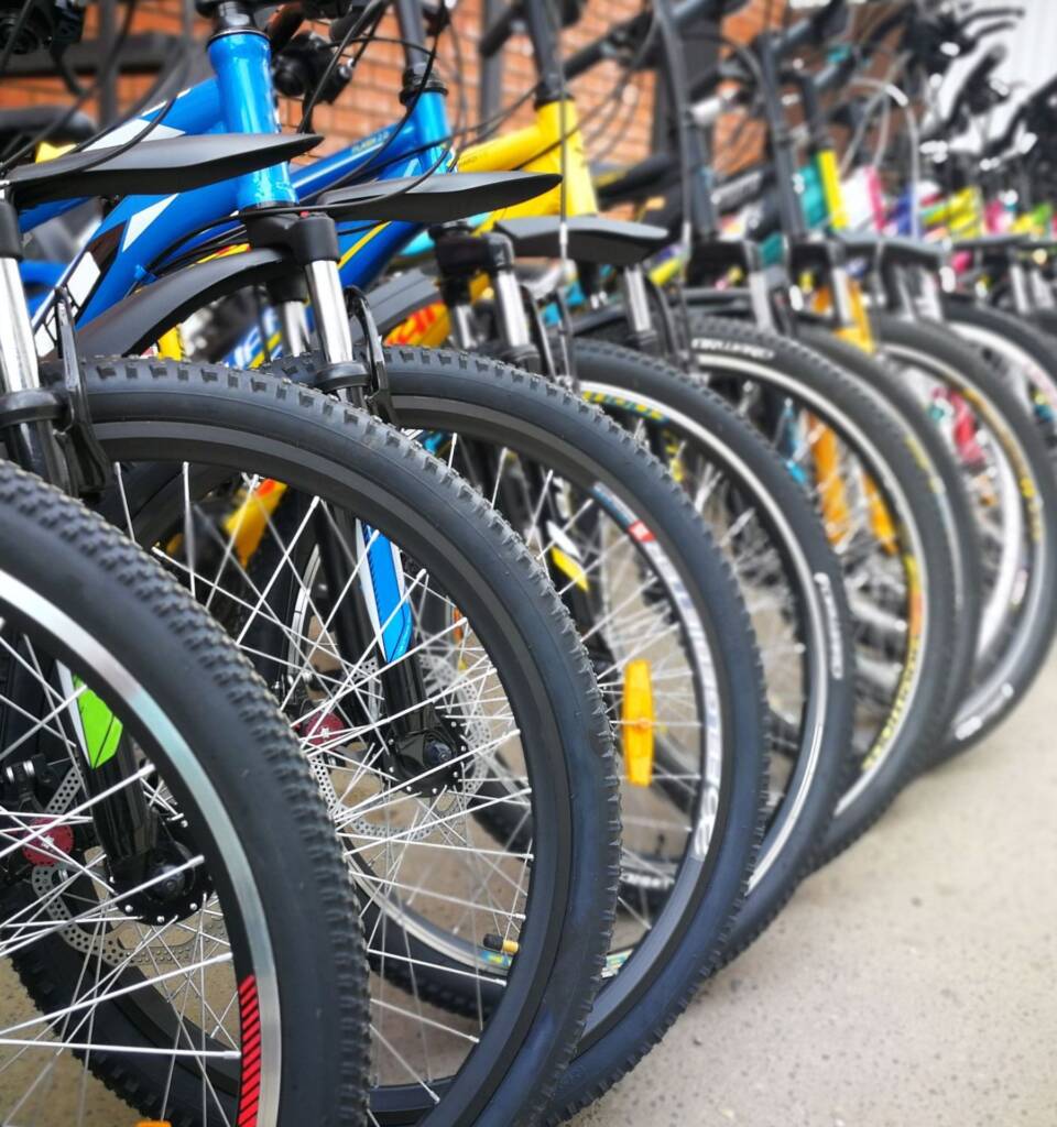 Das Bild zeigt eine große Auswahl an Fahrrädern und Mountainbikes, die in einer Reihe nebeneinander aufgestellt sind. Die Fahrräder unterscheiden sich in Farbe und Ausstattung und sind mit breiten Reifen und Federgabeln ausgestattet.